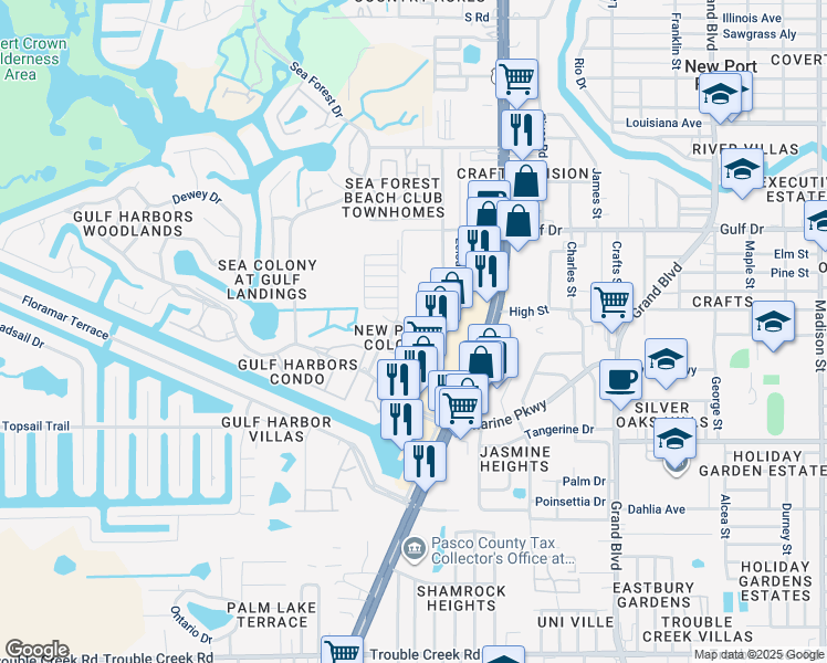map of restaurants, bars, coffee shops, grocery stores, and more near 5307 Charlotte Avenue in Port Richey