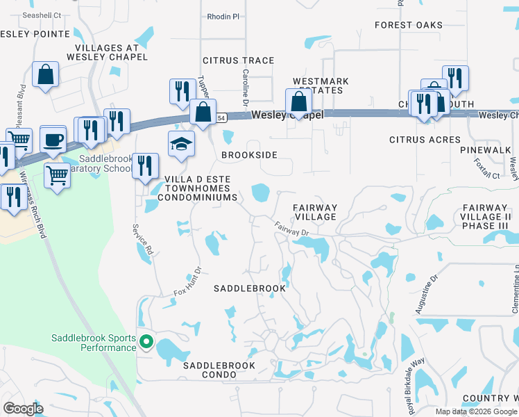 map of restaurants, bars, coffee shops, grocery stores, and more near 5348 Saddlebrook Way in Wesley Chapel