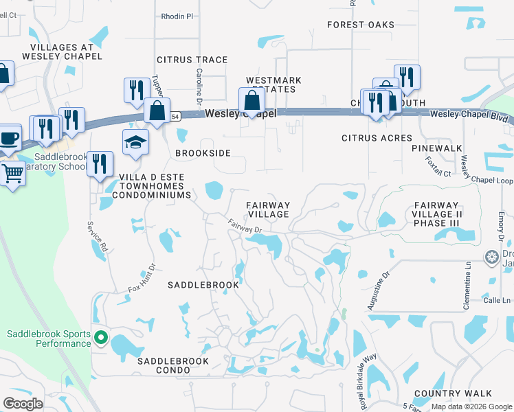 map of restaurants, bars, coffee shops, grocery stores, and more near 5445 Pine Bark Lane in Zephyrhills