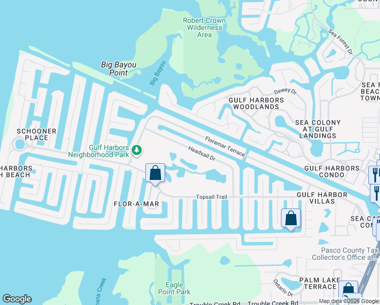 map of restaurants, bars, coffee shops, grocery stores, and more near 4035 Headsail Drive in Port Richey