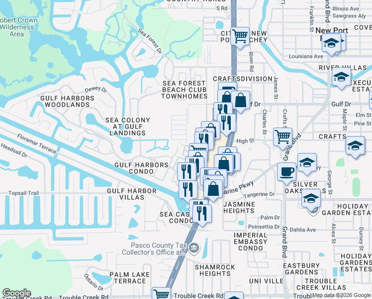 map of restaurants, bars, coffee shops, grocery stores, and more near 4957 Bitner Street in New Port Richey