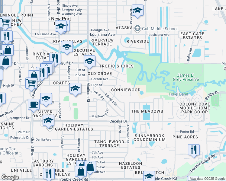 map of restaurants, bars, coffee shops, grocery stores, and more near 6222 High Street in New Port Richey