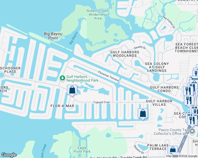 map of restaurants, bars, coffee shops, grocery stores, and more near 4121 Headsail Drive in New Port Richey