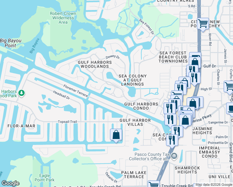 map of restaurants, bars, coffee shops, grocery stores, and more near 4540 Marine Parkway in Port Richey