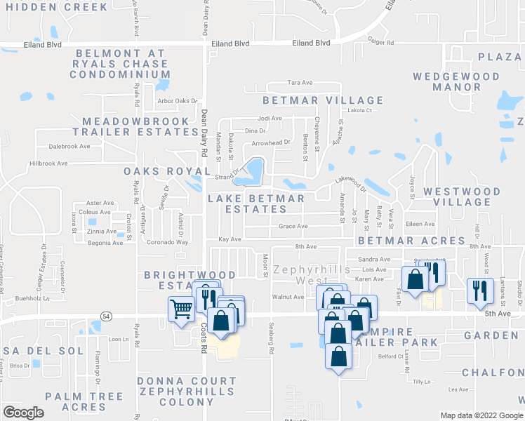 map of restaurants, bars, coffee shops, grocery stores, and more near 5352 Plant Street in Zephyrhills