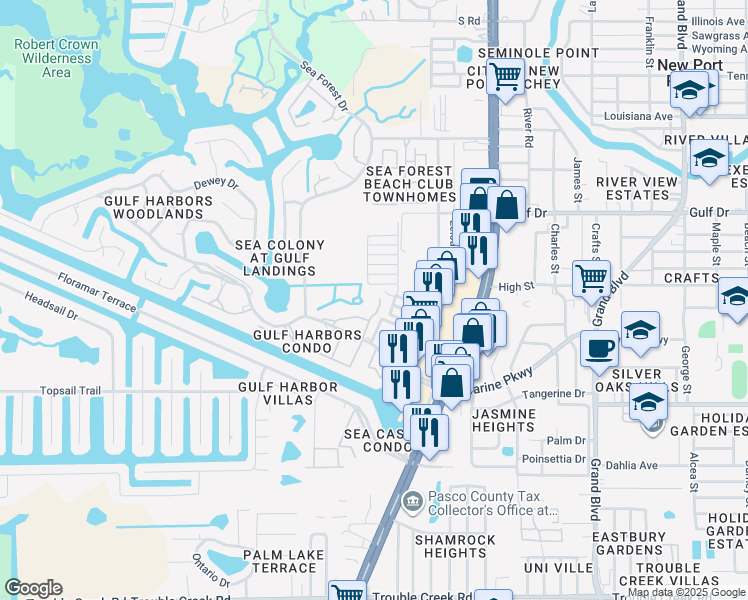 map of restaurants, bars, coffee shops, grocery stores, and more near 5245 Amulet Drive in New Port Richey