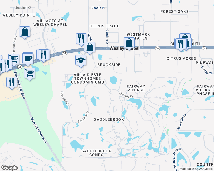 map of restaurants, bars, coffee shops, grocery stores, and more near 5404 Saddlebrook Way in Zephyrhills