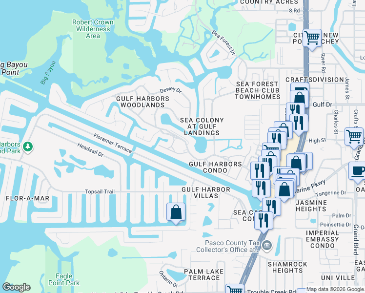 map of restaurants, bars, coffee shops, grocery stores, and more near 4540 Marine Parkway in Port Richey