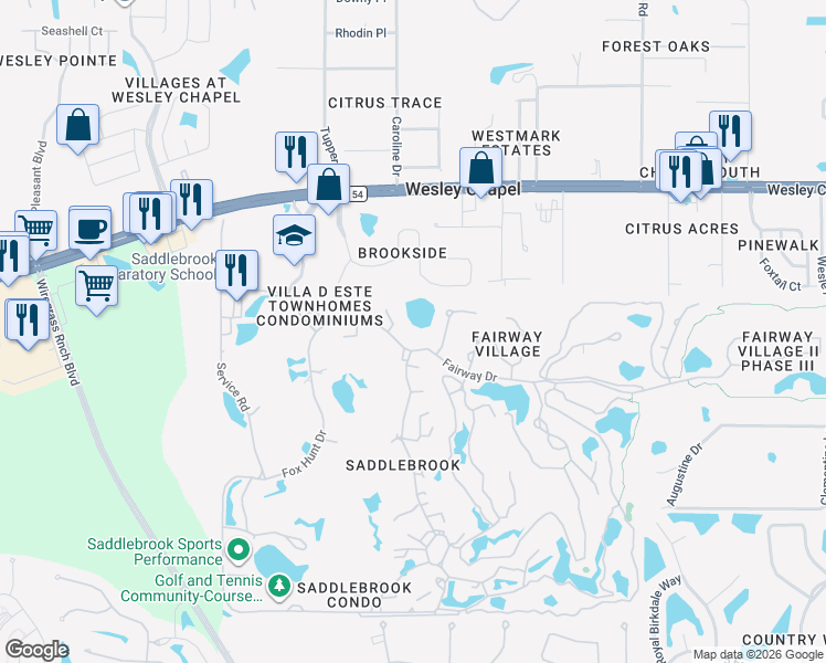 map of restaurants, bars, coffee shops, grocery stores, and more near 5352 Saddlebrook Way in Zephyrhills