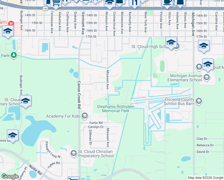 map of restaurants, bars, coffee shops, grocery stores, and more near 2401 Missouri Avenue in St. Cloud