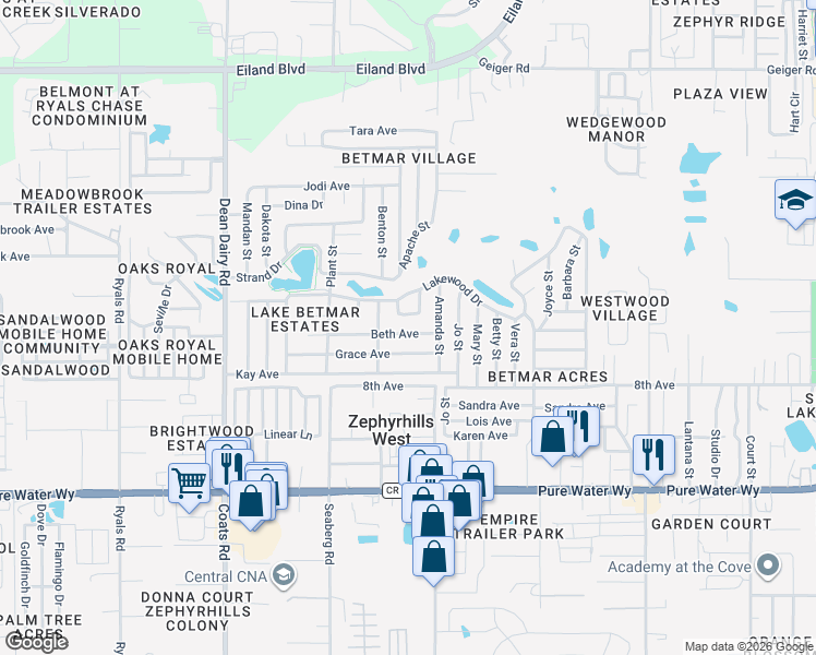 map of restaurants, bars, coffee shops, grocery stores, and more near 36922 Sparta Circle in Zephyrhills