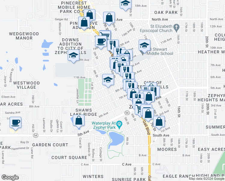 map of restaurants, bars, coffee shops, grocery stores, and more near 5353 5th Street in Zephyrhills