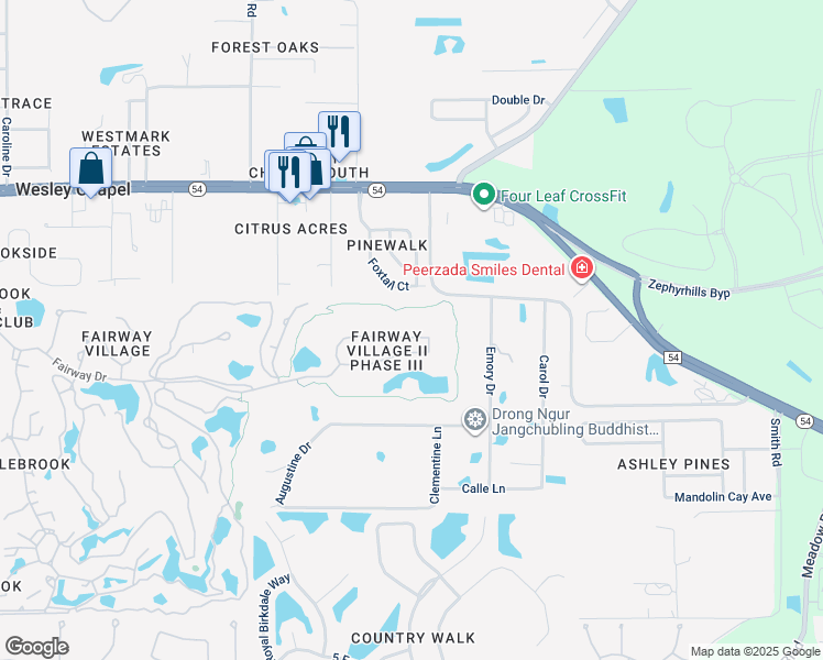 map of restaurants, bars, coffee shops, grocery stores, and more near 30341 Fairway Drive in Zephyrhills