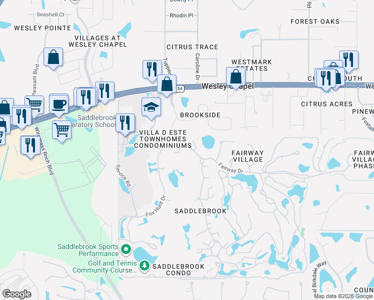 map of restaurants, bars, coffee shops, grocery stores, and more near 5424 Saddlebrook Way in Zephyrhills