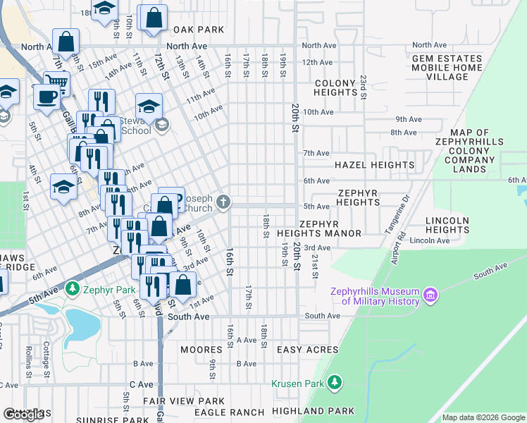map of restaurants, bars, coffee shops, grocery stores, and more near in Zephyrhills