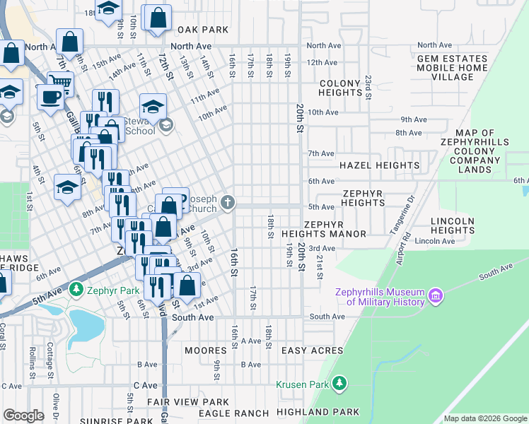 map of restaurants, bars, coffee shops, grocery stores, and more near 38818 5th Avenue in Zephyrhills
