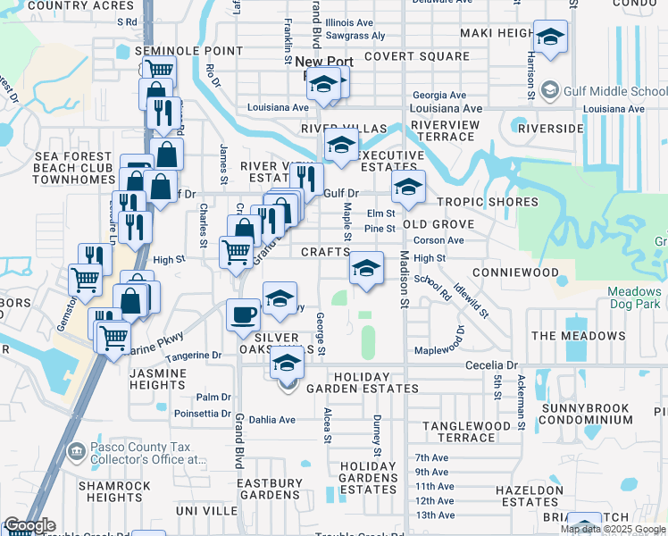map of restaurants, bars, coffee shops, grocery stores, and more near 5400 School Road in New Port Richey