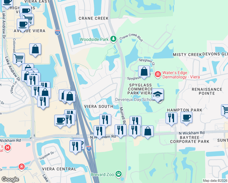 map of restaurants, bars, coffee shops, grocery stores, and more near 1715 Morning Glory Drive in Melbourne