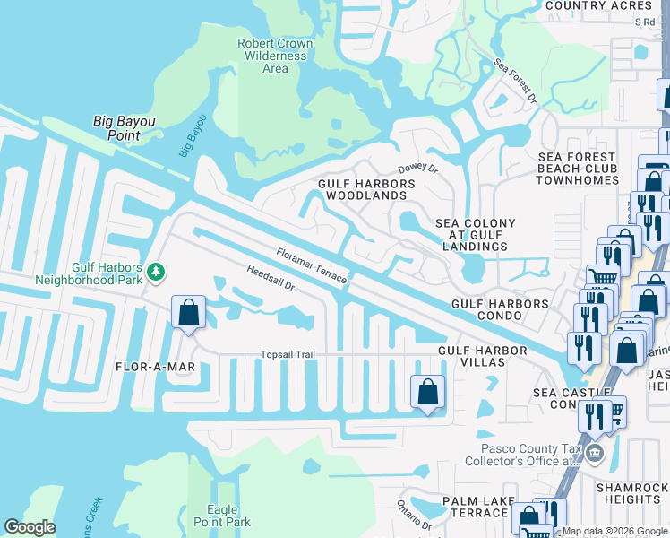 map of restaurants, bars, coffee shops, grocery stores, and more near 4348 Reeves Road in New Port Richey