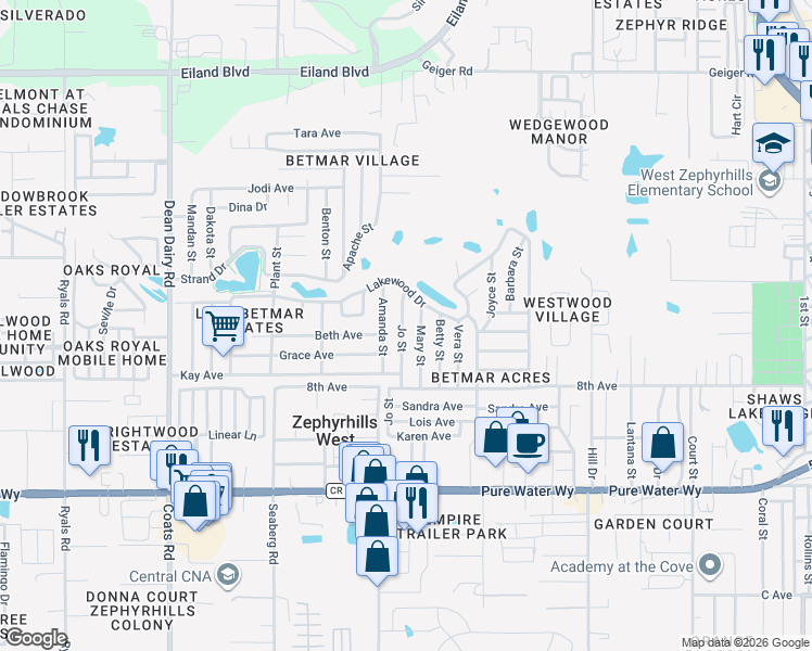 map of restaurants, bars, coffee shops, grocery stores, and more near 5406 Amanda Street in Zephyrhills