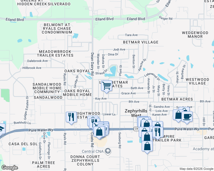 map of restaurants, bars, coffee shops, grocery stores, and more near 36648 Niles Drive in Zephyrhills