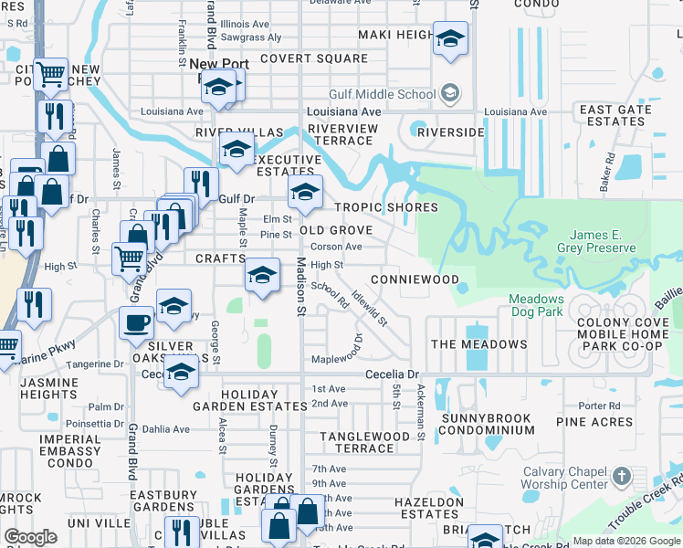 map of restaurants, bars, coffee shops, grocery stores, and more near 6137 High Street in New Port Richey
