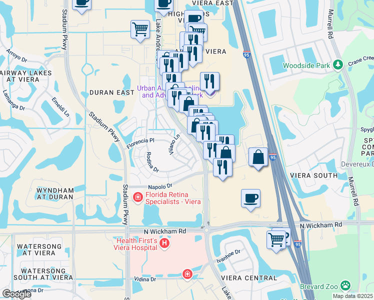 map of restaurants, bars, coffee shops, grocery stores, and more near 7115 Primavera Lane in Melbourne