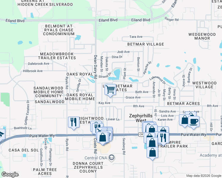 map of restaurants, bars, coffee shops, grocery stores, and more near 5353 Comanche Street in Zephyrhills