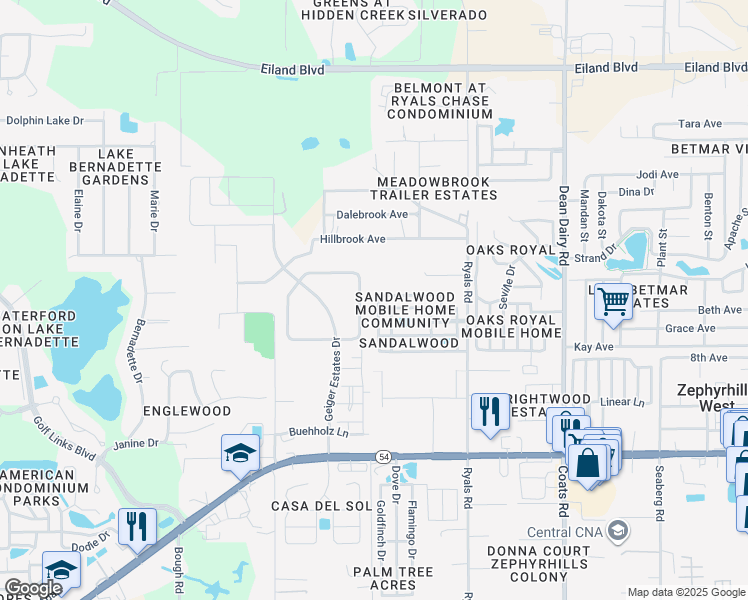 map of restaurants, bars, coffee shops, grocery stores, and more near 36018 Aster Avenue in Zephyrhills