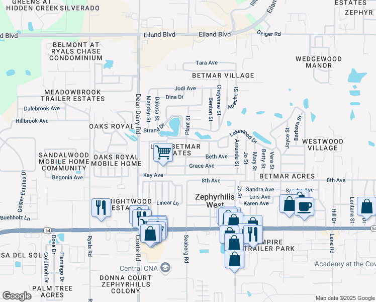 map of restaurants, bars, coffee shops, grocery stores, and more near 5352 Plant Street in Zephyrhills
