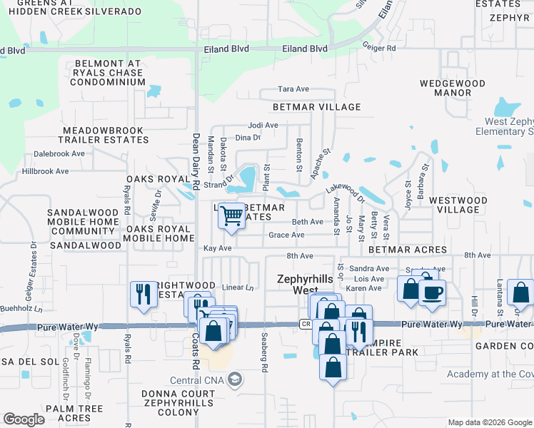 map of restaurants, bars, coffee shops, grocery stores, and more near 5352 Plant Street in Zephyrhills