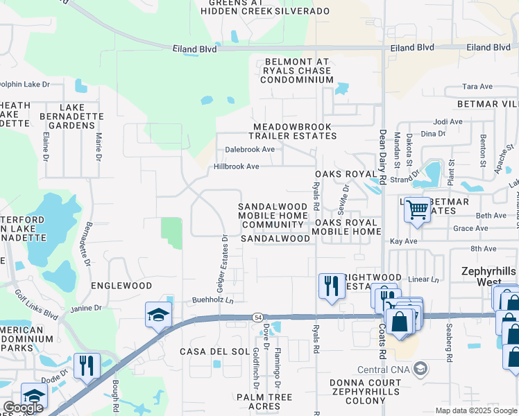 map of restaurants, bars, coffee shops, grocery stores, and more near 36018 Aster Avenue in Zephyrhills