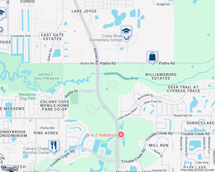 map of restaurants, bars, coffee shops, grocery stores, and more near 7425 Baillie Drive in New Port Richey