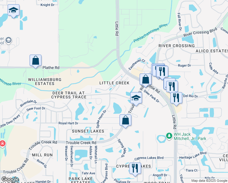 map of restaurants, bars, coffee shops, grocery stores, and more near 5312 Anhinga Trail in New Port Richey