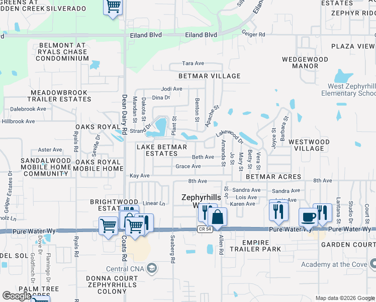 map of restaurants, bars, coffee shops, grocery stores, and more near 5403 Waters Street in Zephyrhills
