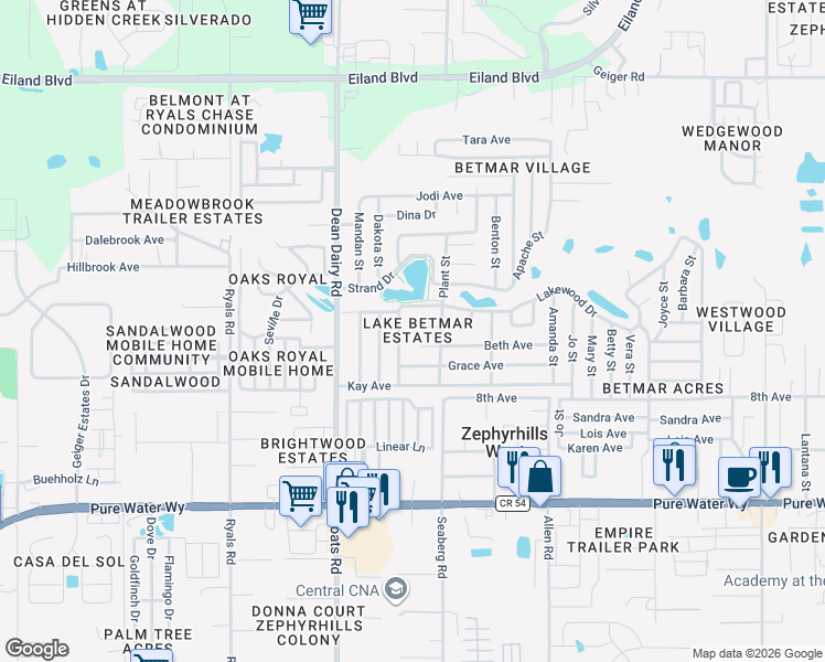 map of restaurants, bars, coffee shops, grocery stores, and more near 36648 Niles Drive in Zephyrhills