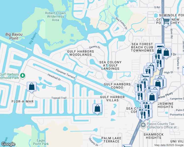 map of restaurants, bars, coffee shops, grocery stores, and more near 4453 Garnet Drive in New Port Richey
