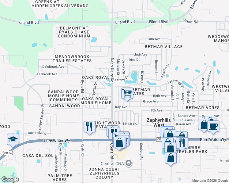 map of restaurants, bars, coffee shops, grocery stores, and more near 5402 Dean Dairy Road in Zephyrhills