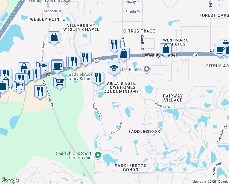 map of restaurants, bars, coffee shops, grocery stores, and more near 5485 Saddlebrook Way in Zephyrhills