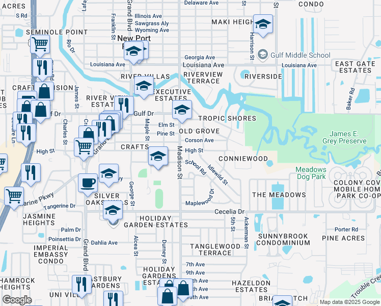 map of restaurants, bars, coffee shops, grocery stores, and more near 5302 Ironwood Ln in New Port Richey