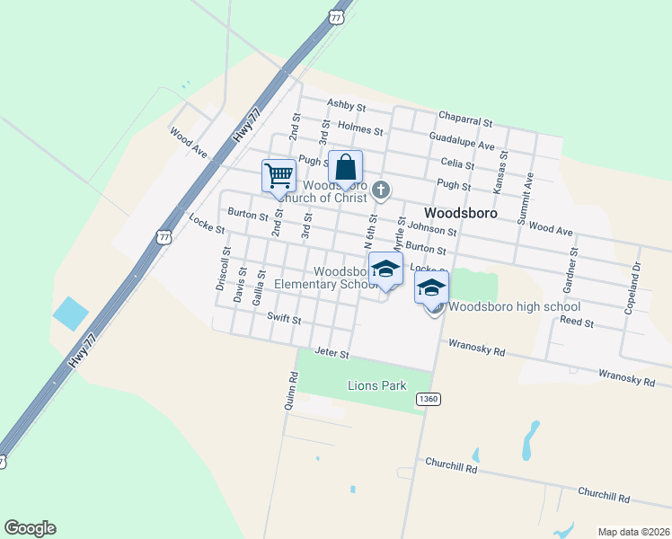 map of restaurants, bars, coffee shops, grocery stores, and more near 108 Magnolia Street in Refugio