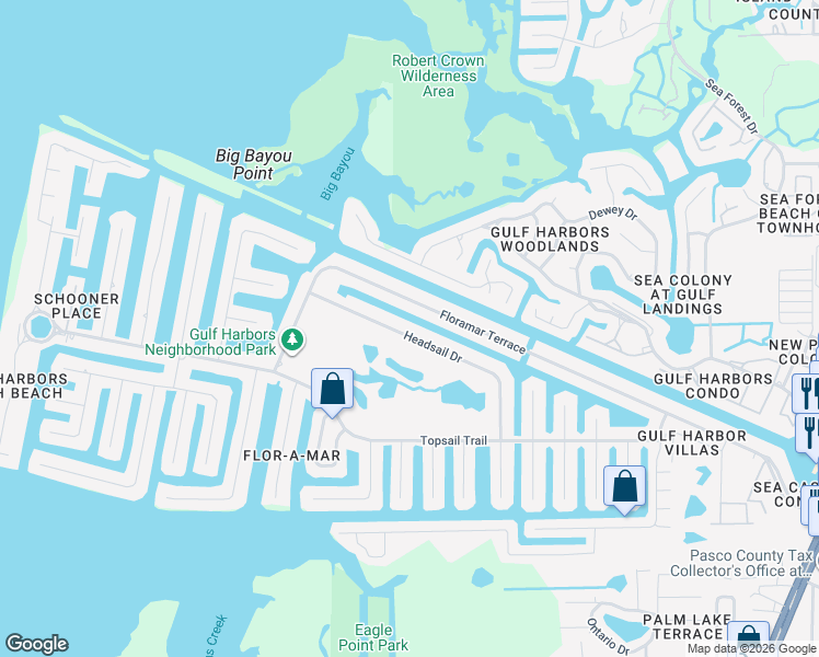 map of restaurants, bars, coffee shops, grocery stores, and more near 4035 Headsail Drive in Port Richey