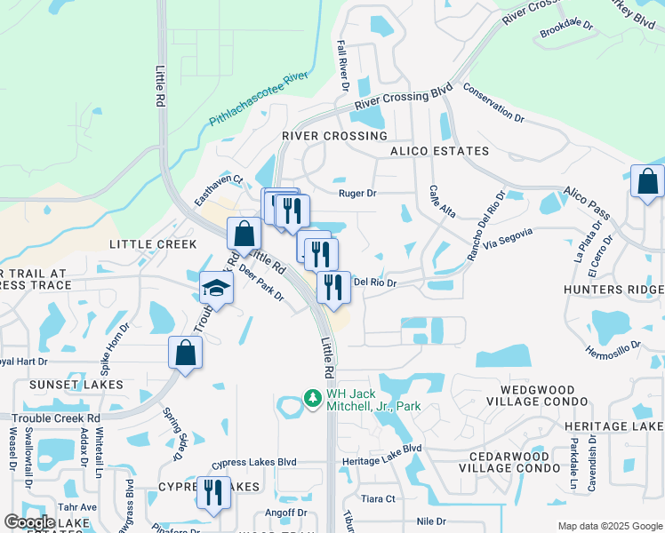 map of restaurants, bars, coffee shops, grocery stores, and more near 5220 Little Road in New Port Richey
