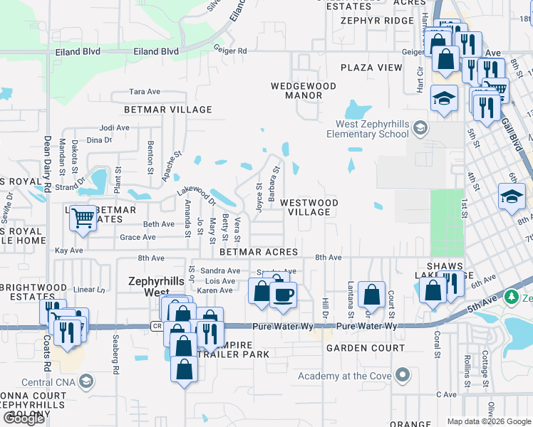 map of restaurants, bars, coffee shops, grocery stores, and more near 37246 Carol Avenue in Zephyrhills