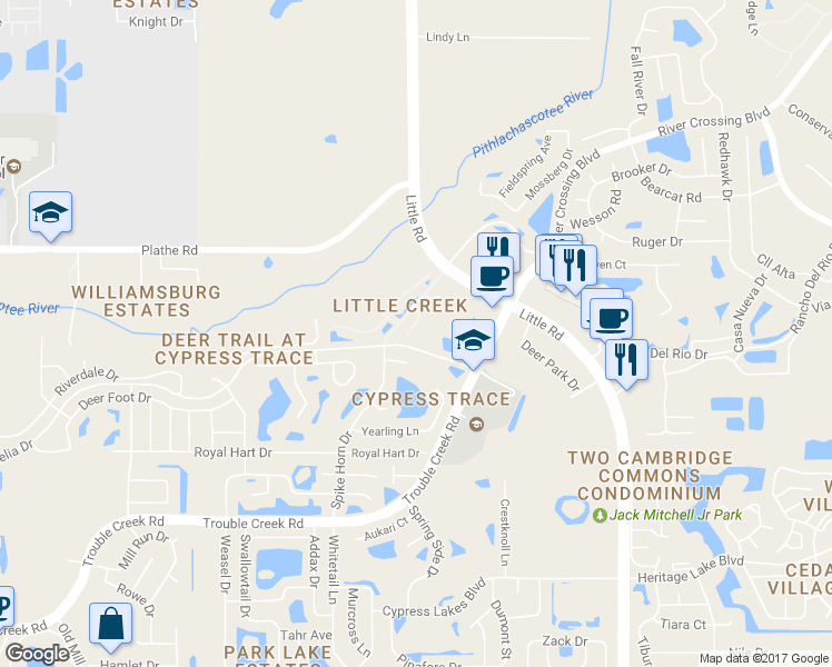 map of restaurants, bars, coffee shops, grocery stores, and more near 5312 Anhinga Trail in New Port Richey