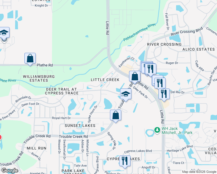 map of restaurants, bars, coffee shops, grocery stores, and more near 5312 Anhinga Trail in New Port Richey