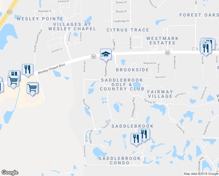 map of restaurants, bars, coffee shops, grocery stores, and more near 5425 Villa Deste Court in Wesley Chapel