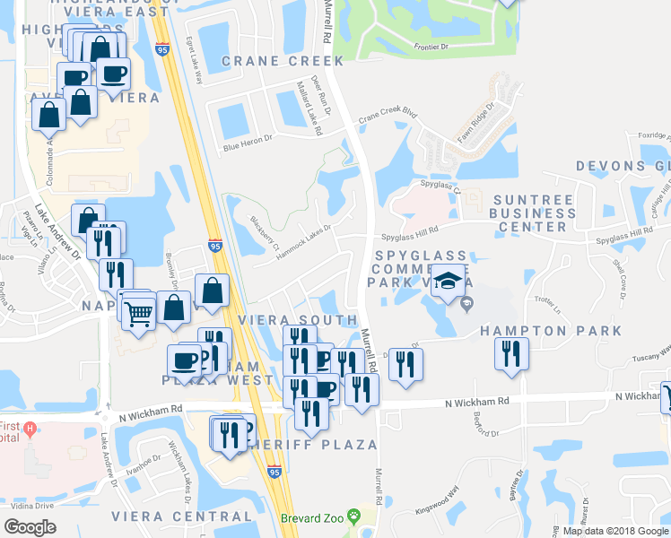 map of restaurants, bars, coffee shops, grocery stores, and more near 1718 Morning Glory Drive in Melbourne