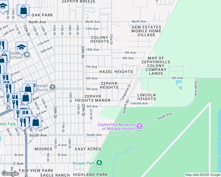 map of restaurants, bars, coffee shops, grocery stores, and more near 5405 23rd Street in Zephyrhills