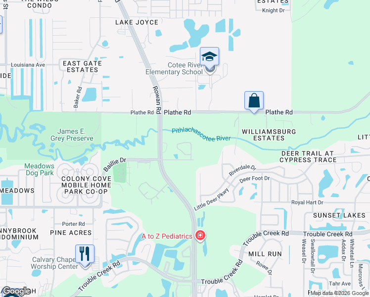 map of restaurants, bars, coffee shops, grocery stores, and more near 7425 Baillie Drive in New Port Richey